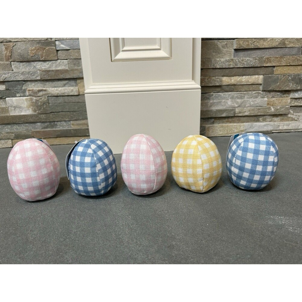 At Home Easter Fabric Egg Figurine Set Pink Blue Yellow Seasonal Decor